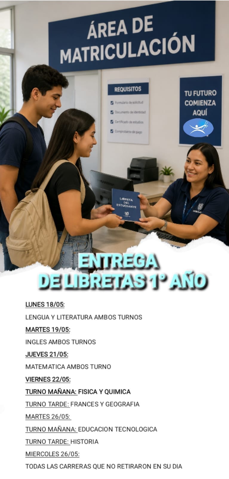 Entrega de Libretas a los Estudiantes de 1º Año  - Calendario 