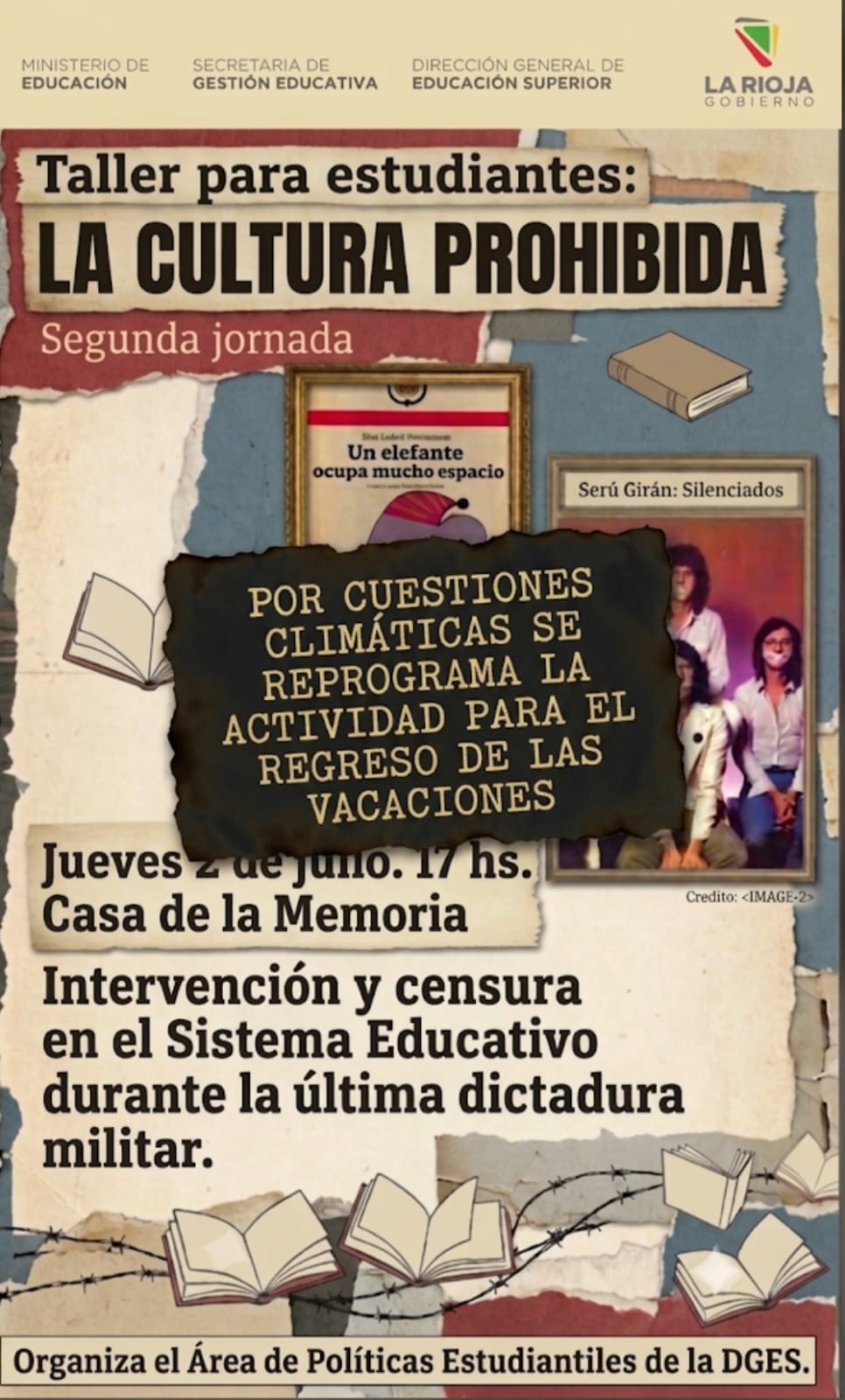 Reprograman la segunda jornada del taller 'La Cultura Prohibida': intervenciones y censura en el sistema educativo