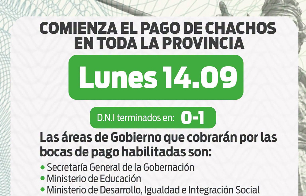 Publicación de Gobierno de La Rioja - Lunes 14 de septiembre comienza el pago de chachos