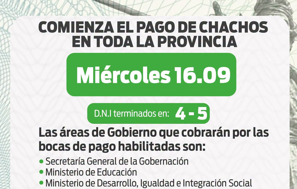 Publicación de Gobierno de La Rioja - El miércoles 16 de septiembre continúa el pago de Chachos.